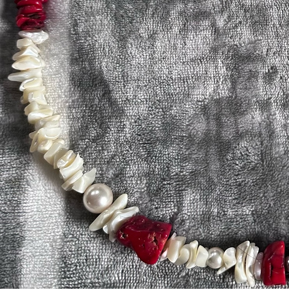 Chucky Statement Necklace 26” Long Red Coral Shells Pearls Magnetic Clasp - Picture 6 of 15
